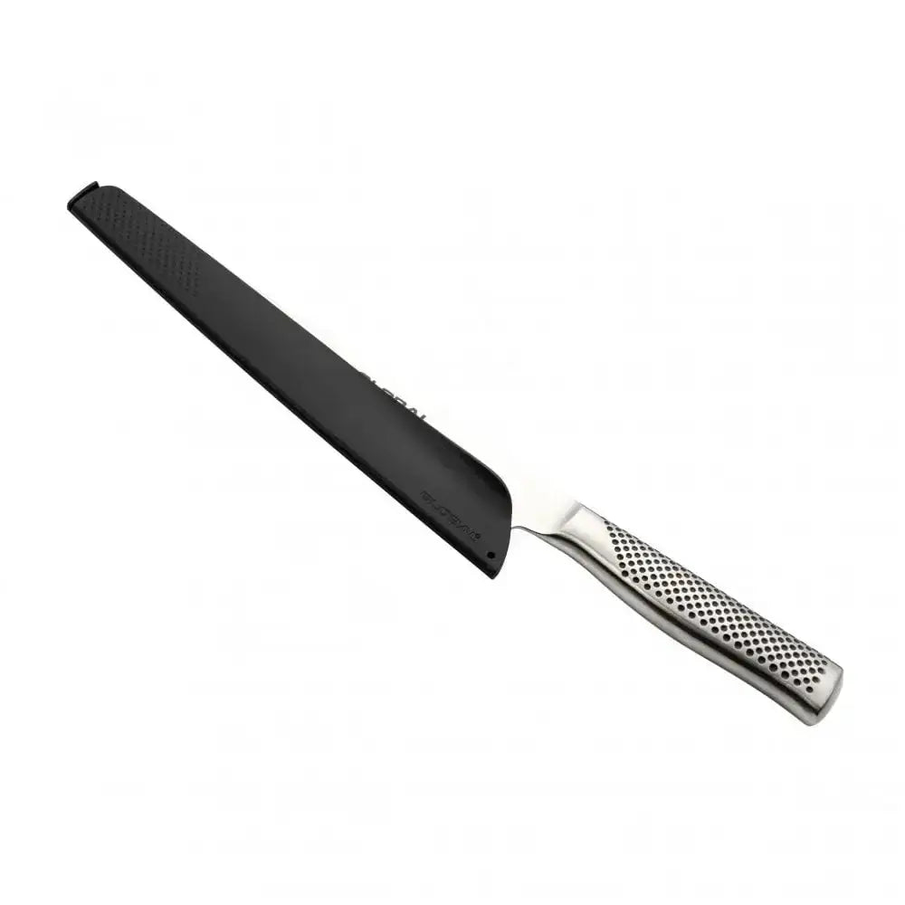 Knife with a black sheath and silver handle on a white background