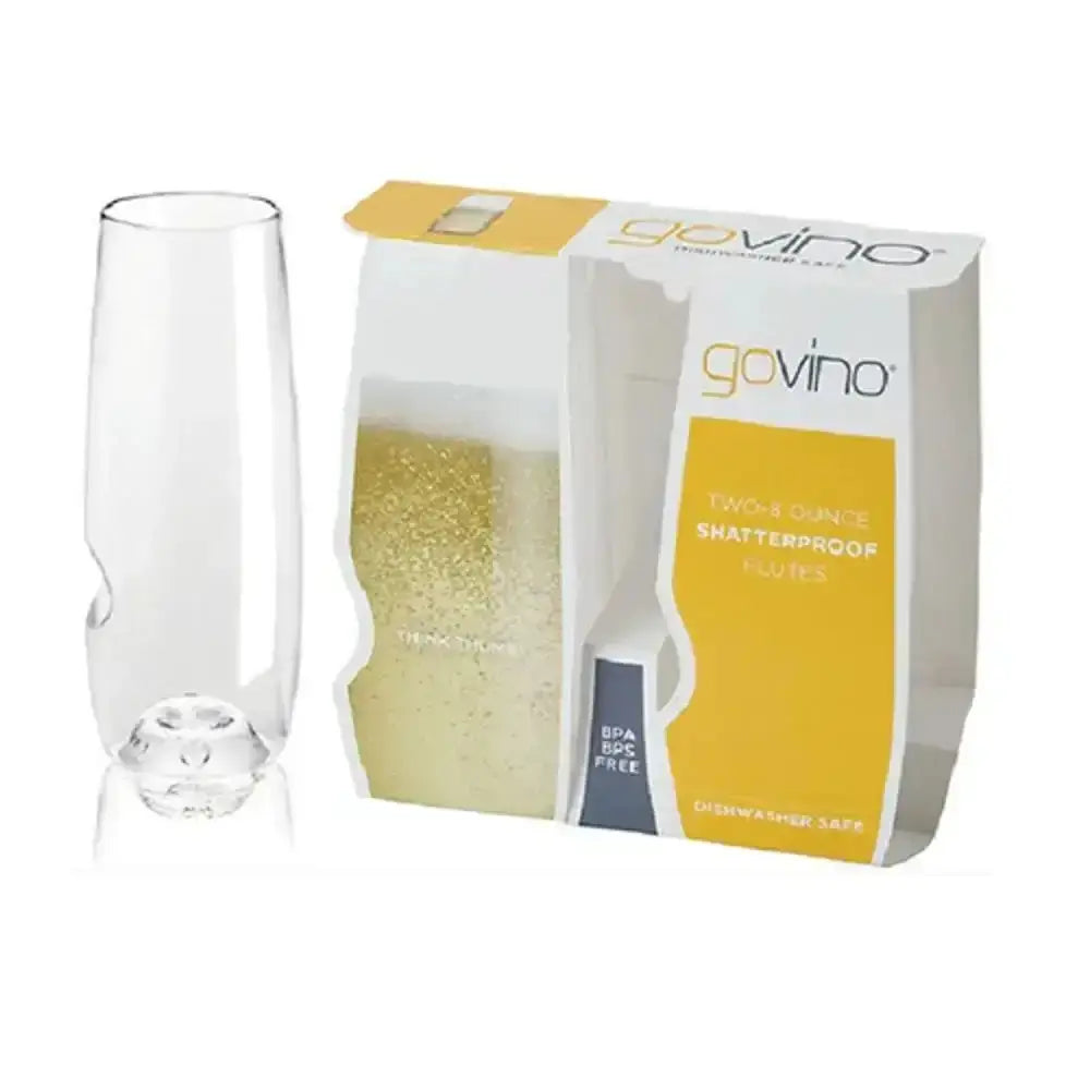 ClearGovino shatterproof flute with packaging on a white background