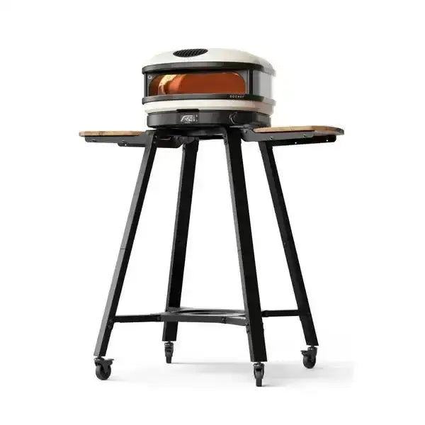 Gozney Arc XL pizza oven on black metal stand with side shelves, available at Cookin Stores