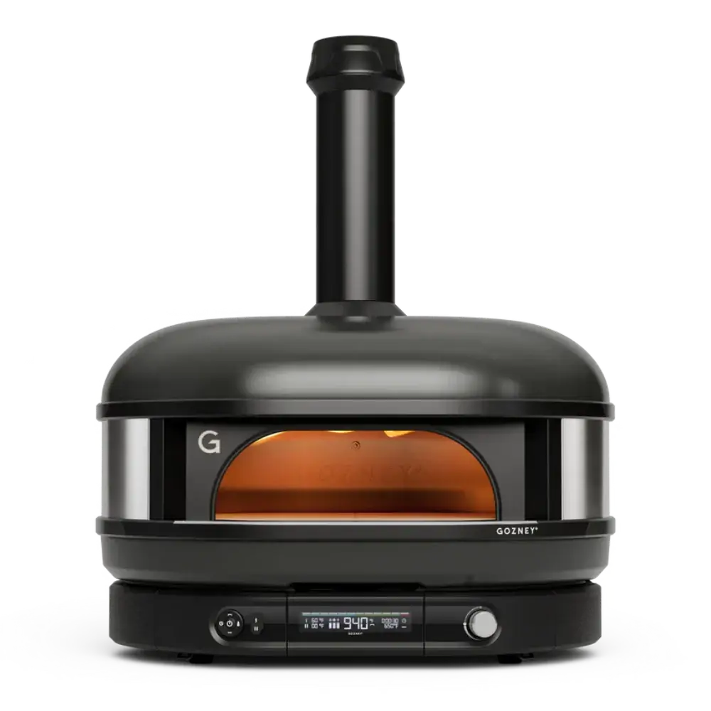 Black pizza oven with digital display on a white background