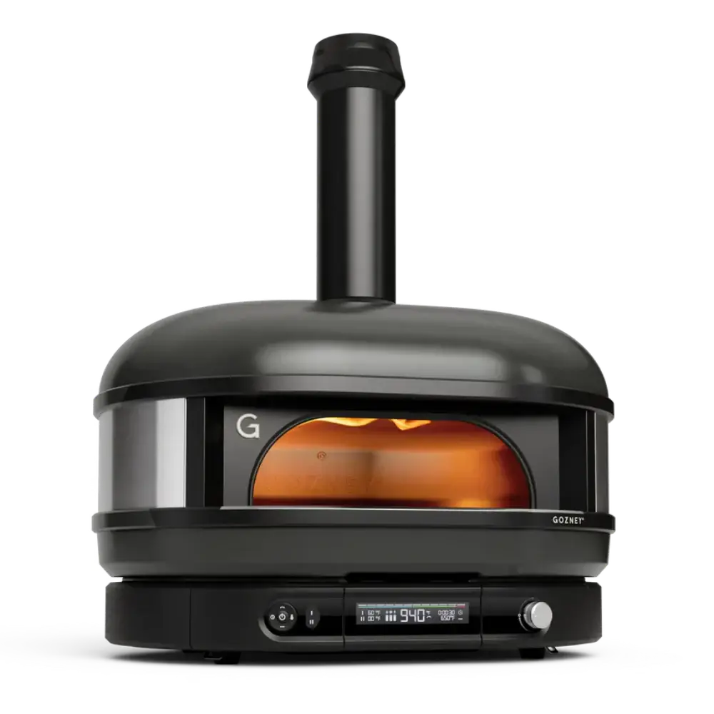 Black portable oven with digital display on a white background