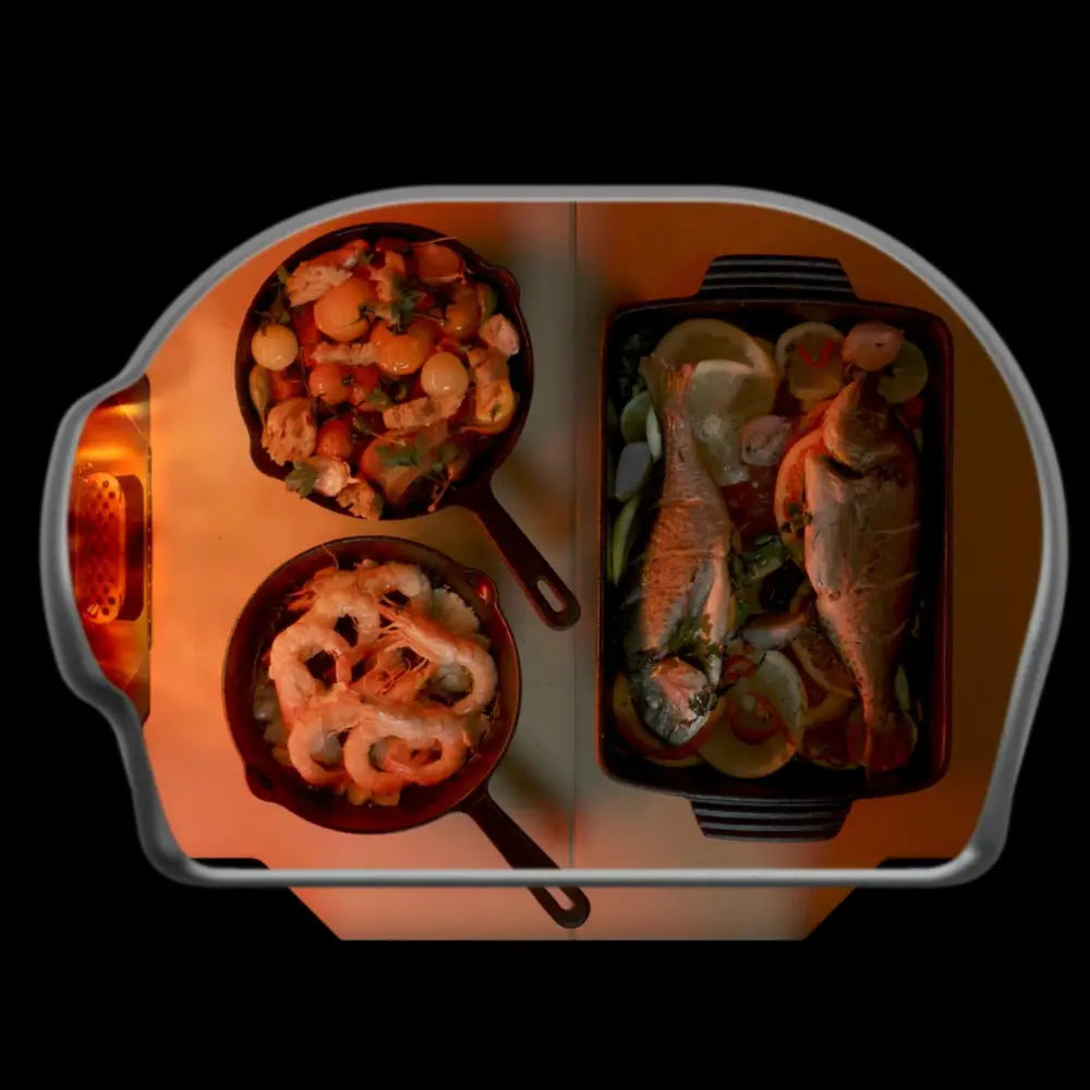 Two pans of seafood and a pan of fish on a black background