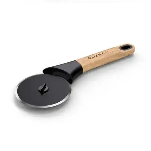 Pizza cutter with wooden handle and metal blade on a white background
