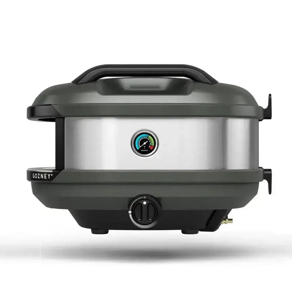 Gozney Tread portable outdoor pizza oven in black from Cookin Stores, side view