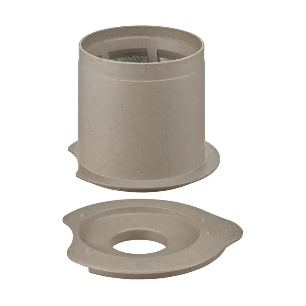 Beige cylindrical hario baton cafeor paperless coffee dripper with mesh interior and matching circular base
