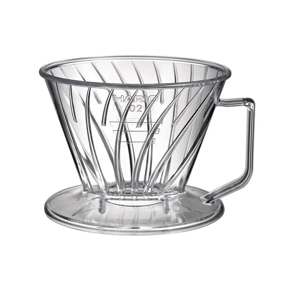 Clear plastic coffee filter with handle on a white background