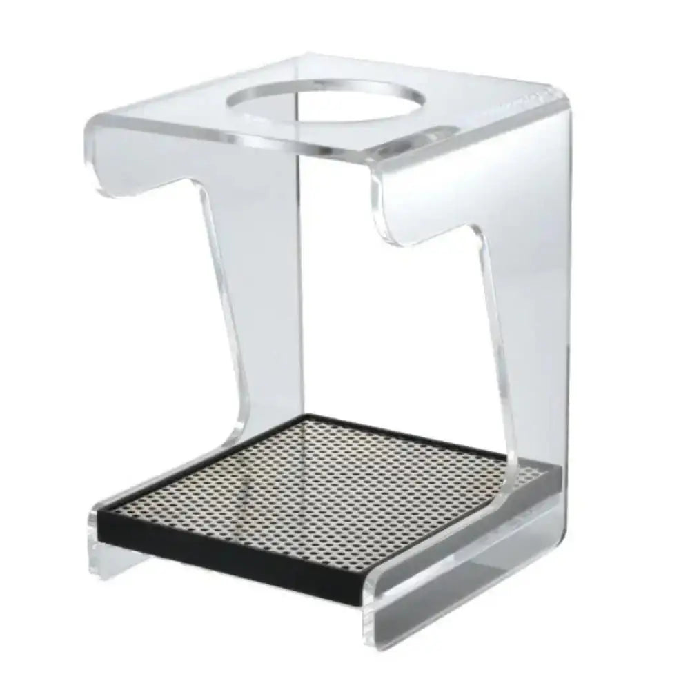 Clear acrylic corner shelf with black mesh bottom on a white background