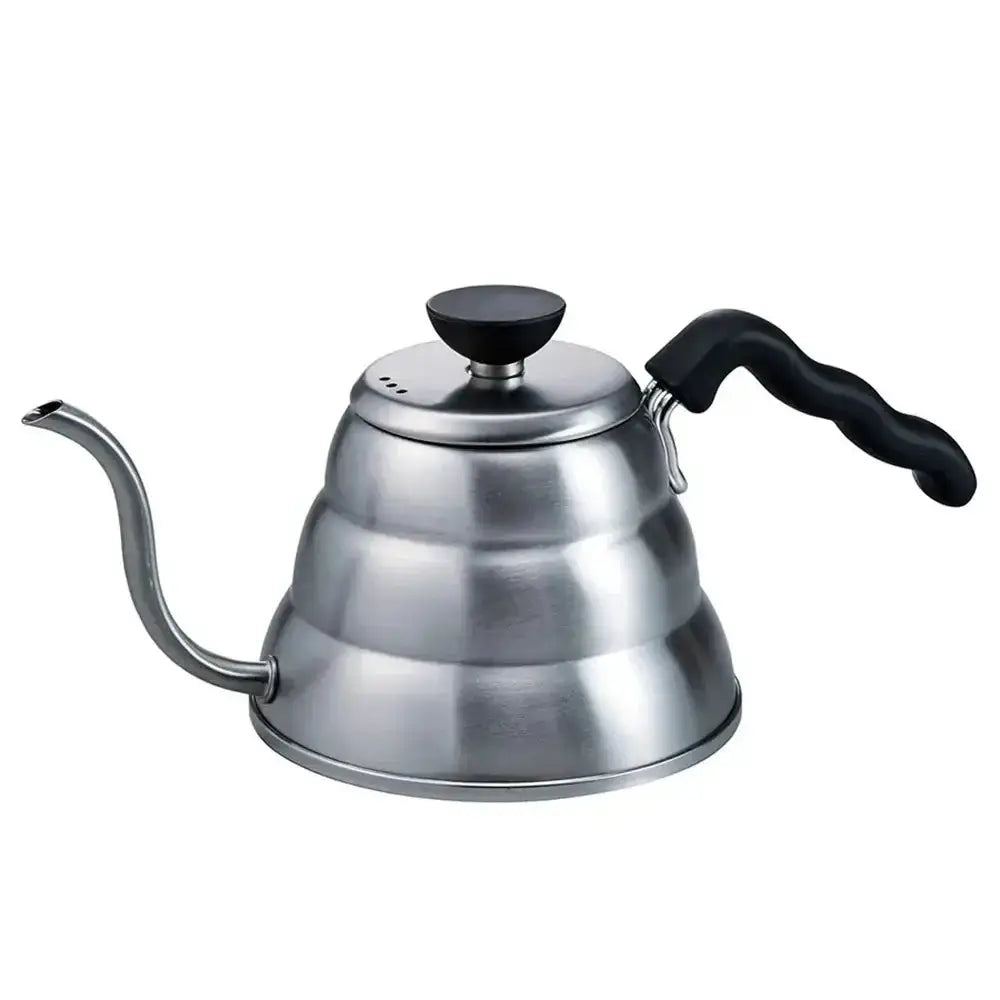 Stainless steel gooseneck kettle with black handle on a white background