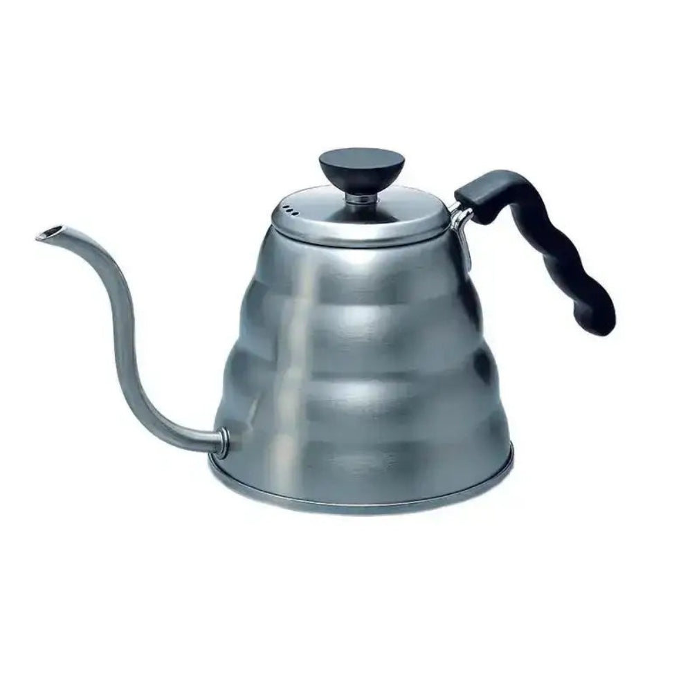 Stainless steel gooseneck kettle on a white background