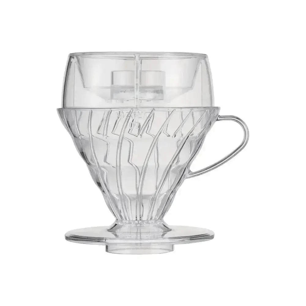 Clear plastic coffee dripper on a white background