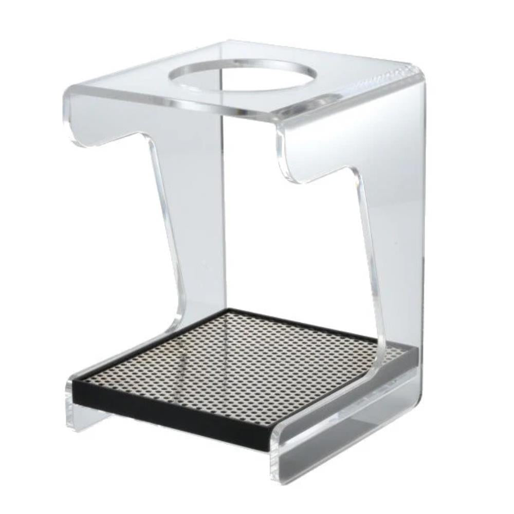 Clear acrylic corner shelf with black mesh bottom on a white background