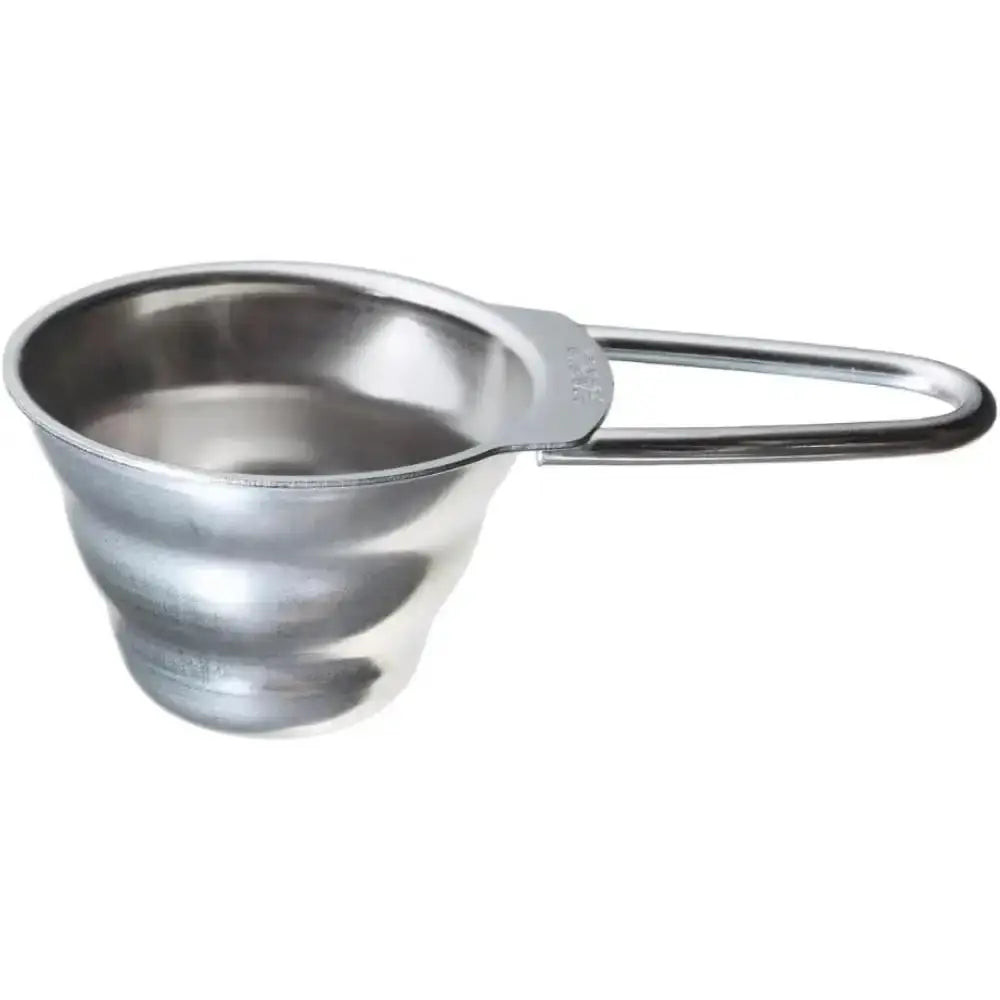 Stainless steel measuring spoon with handle on a white background