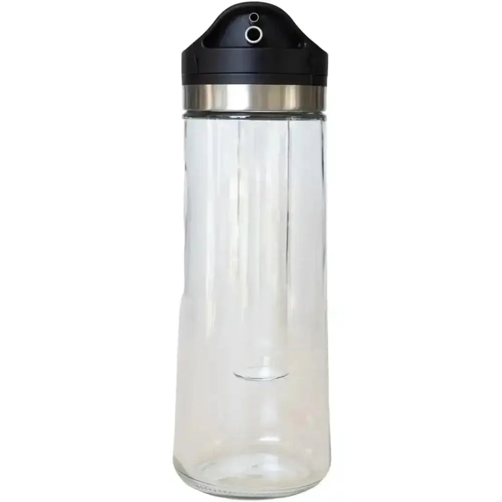 Clear water bottle with black cap on a white background