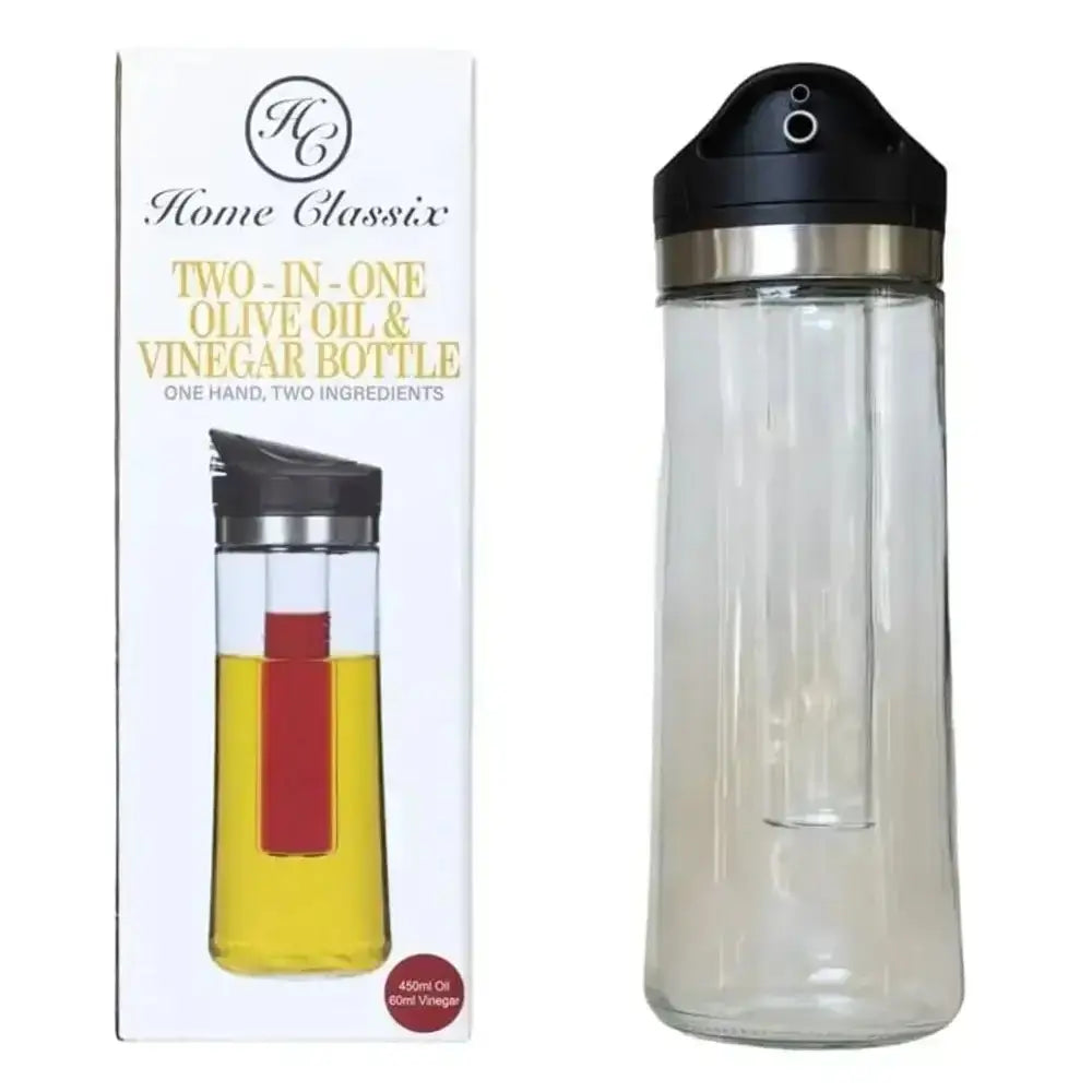 Two-in-one olive oil and vinegar bottle with packaging on a white background