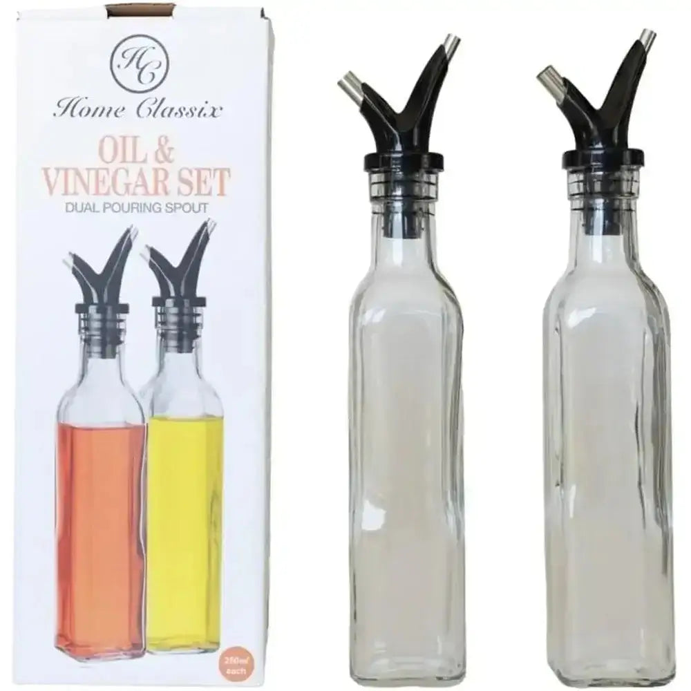 Oil and vinegar set with dual pouring spouts and packaging labeled 'Home Classic'.