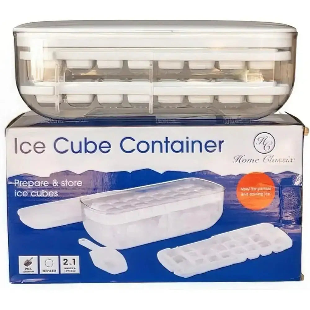 Ice cube container with packaging on a white background