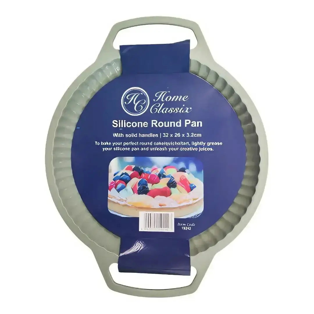Silicone round pan with blue packaging on a white background