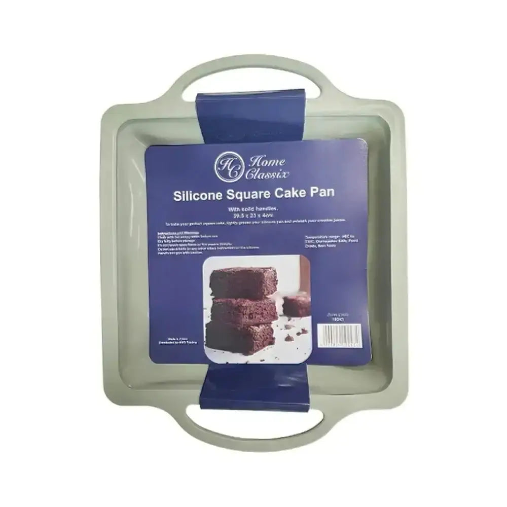 Silicone square cake pan with packaging on a white background