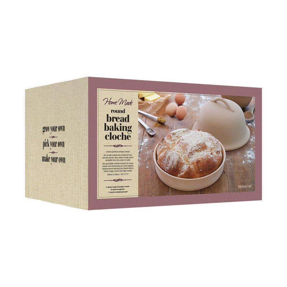 Box for a round bread baking cloche with a loaf of bread on top