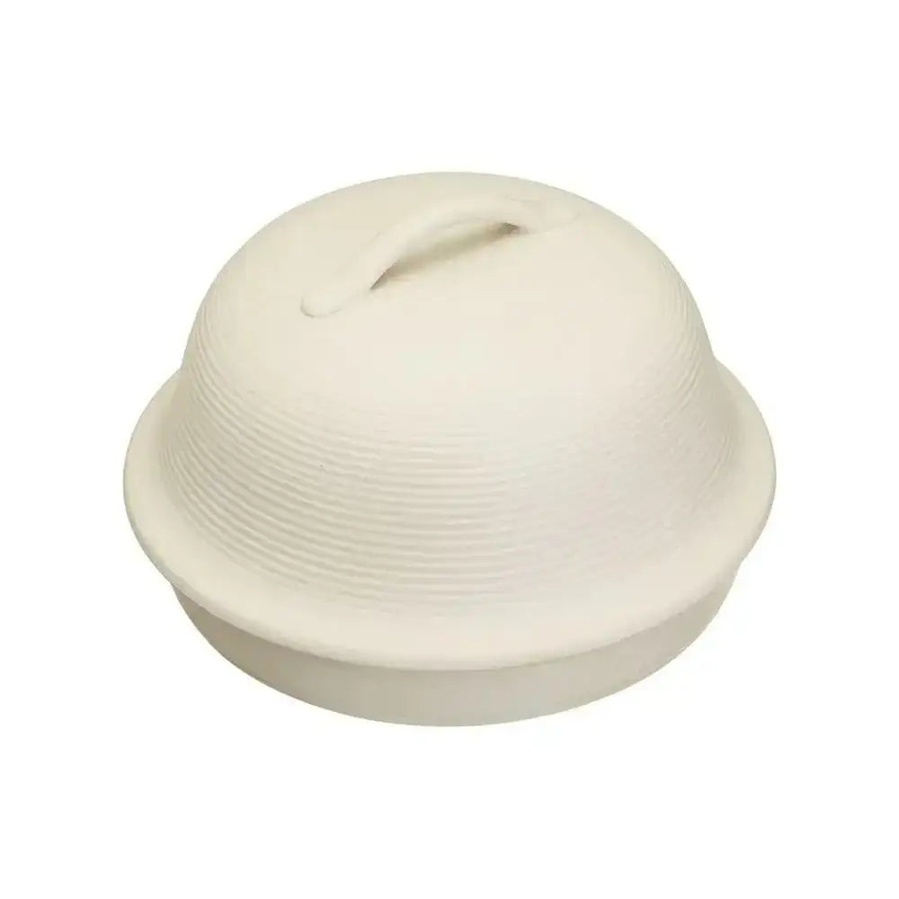 White ceramic piggy bank with a lid on a white background