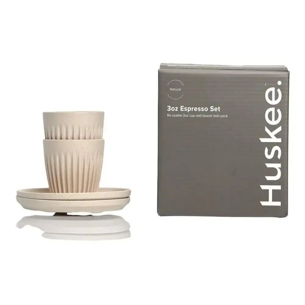 Huskee beige espresso set with packaging on a white background