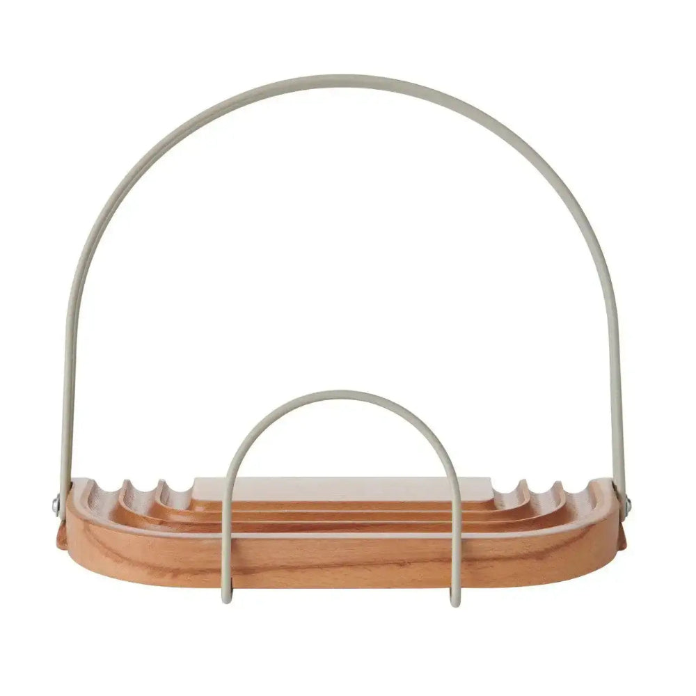 Wooden tray with metal handle on a white background