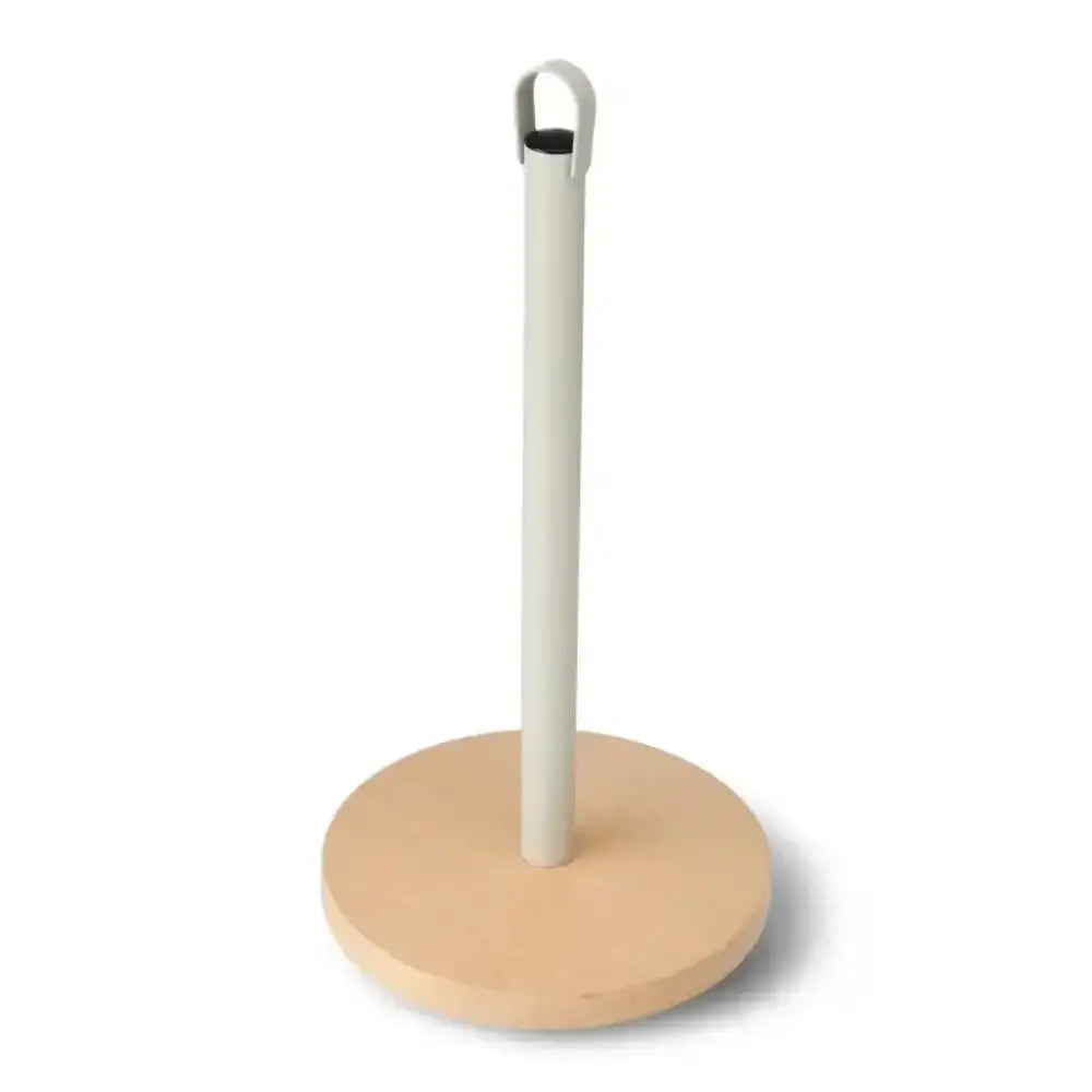 Beige paper towel holder with a white handle on a white background