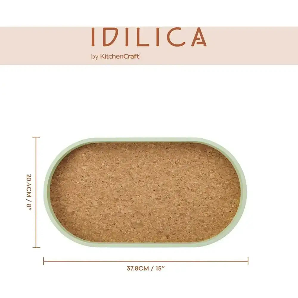 Cork trivet with dimensions and 'Idilica by KitchenCraft' branding on a white background