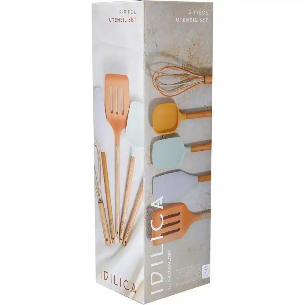 Boxed 5-piece silicone kitchen utensil set with wood handles in assorted colors