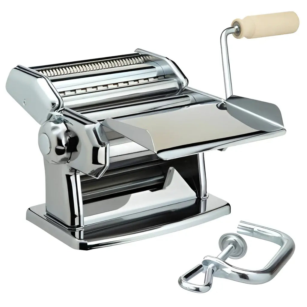 Metal pasta maker with wooden handle on a white background