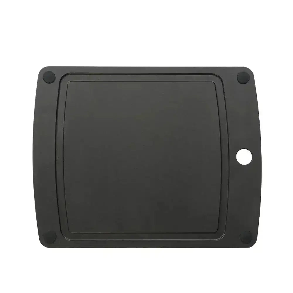 Black non-slip cutting board with juice groove and hanging hole, kitchen utensil