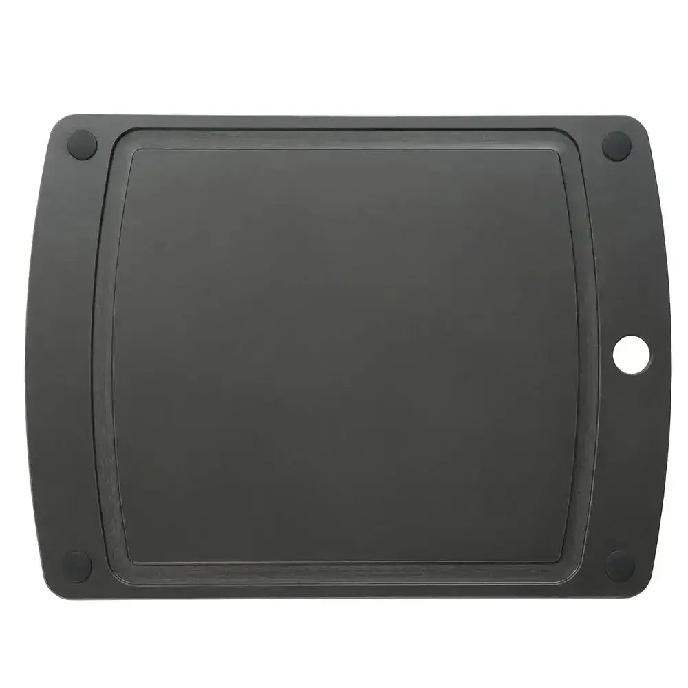 Black rectangular cutting board with rounded corners on a white background