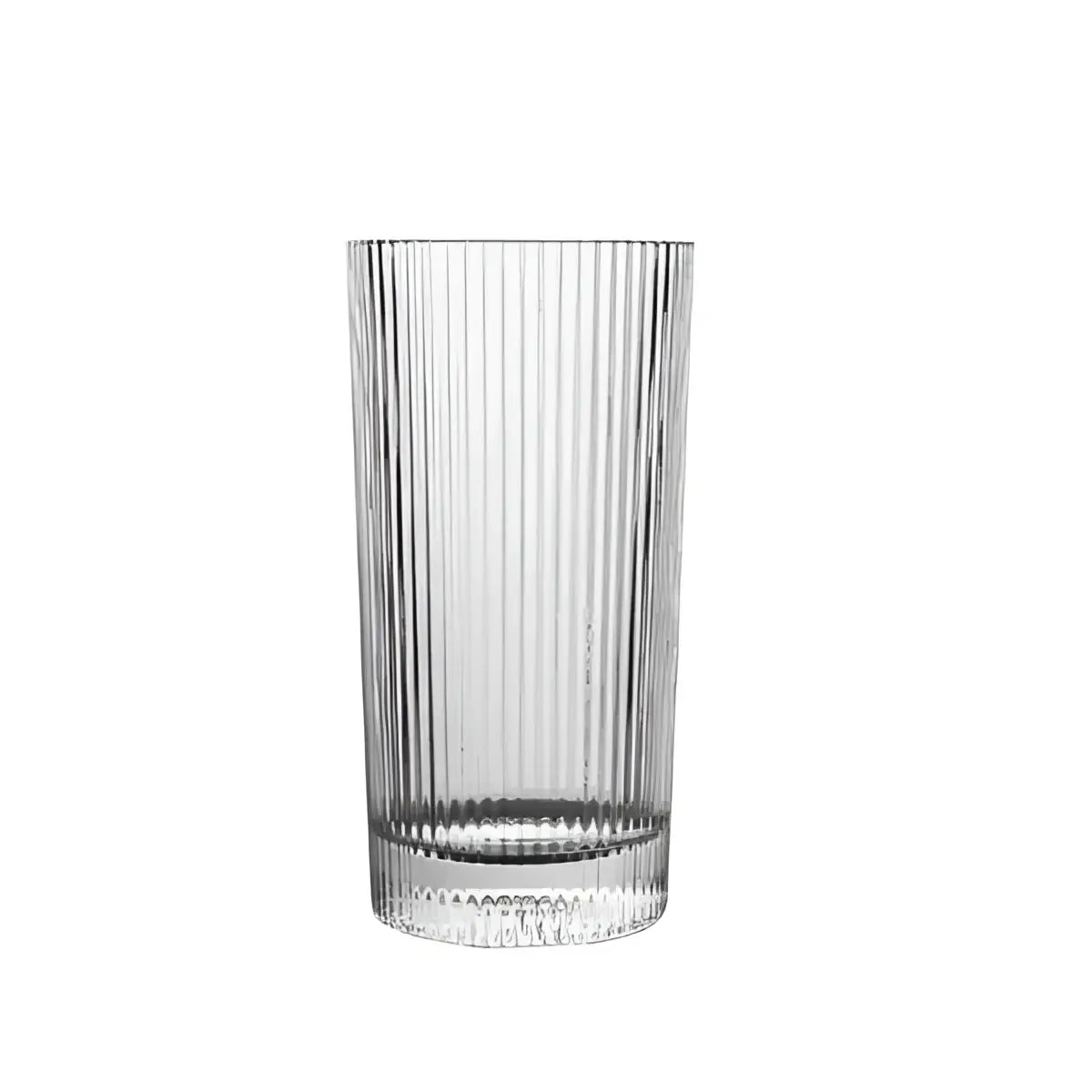 Clear glass tumbler with vertical ribbing on a white background