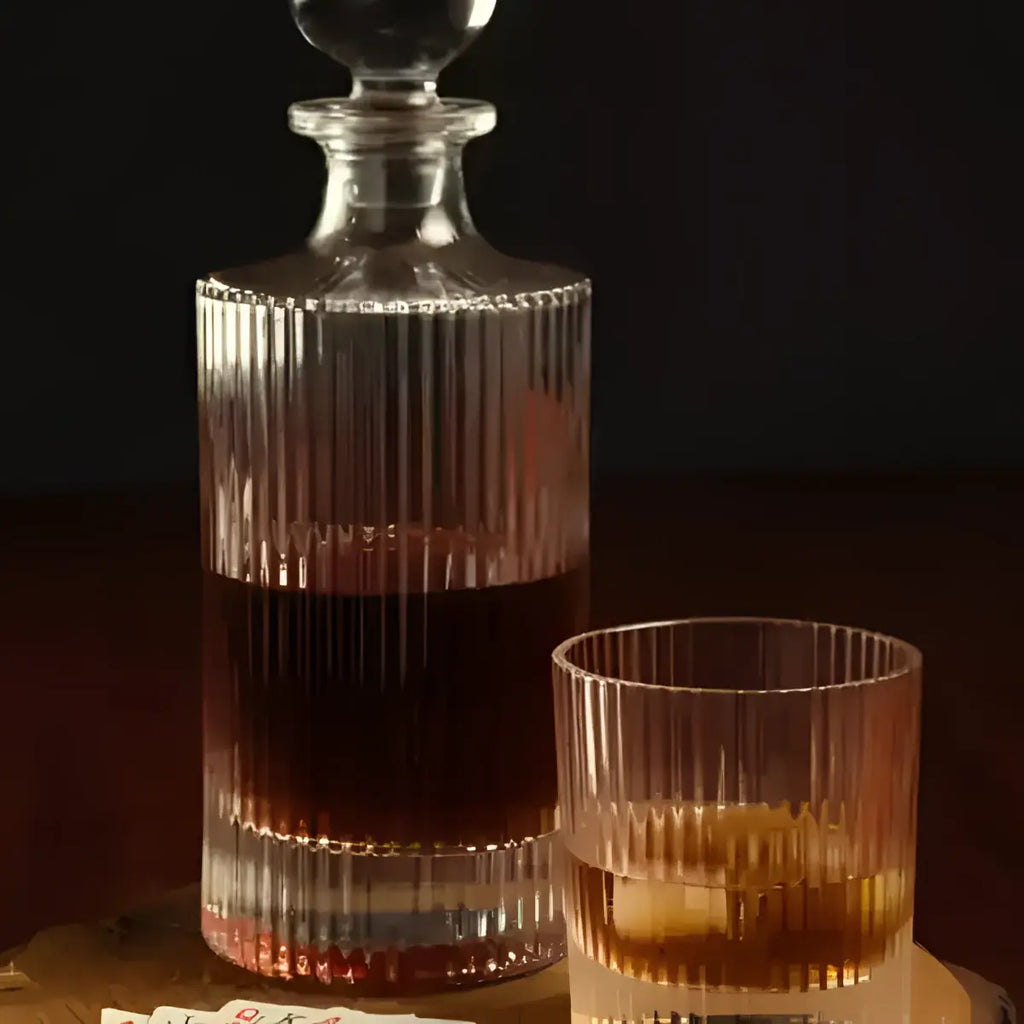 Glass decanter and tumbler with a dark liquid on a wooden surface.
