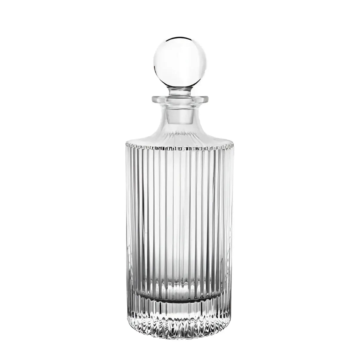 Clear glass decanter with a spherical stopper on a white background