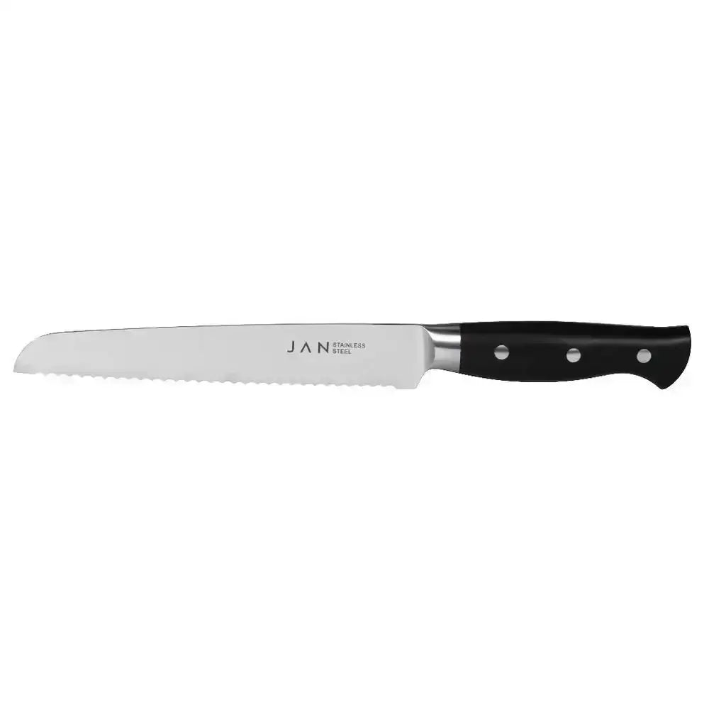Serrated knife with black handle and 'JAN' branding on a white background
