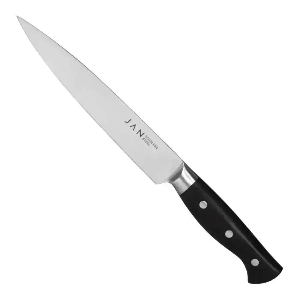 Knife with black handle and silver blade on a white background