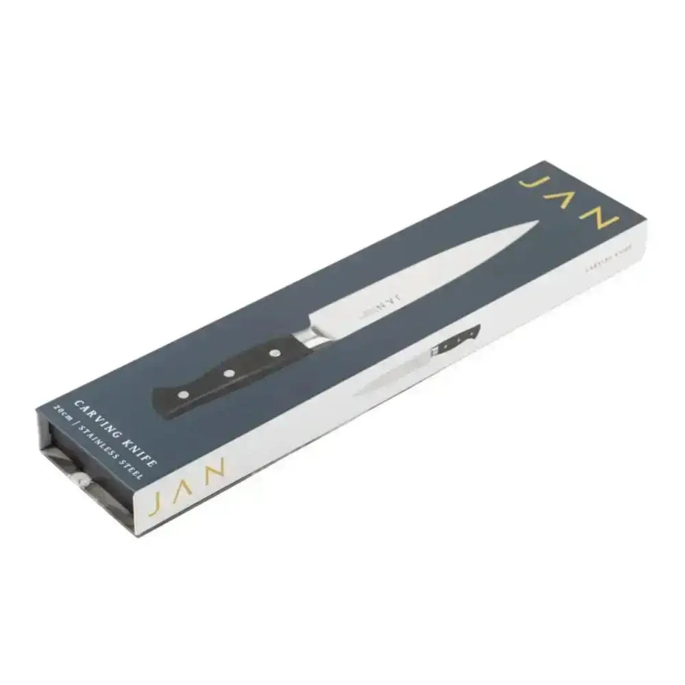 Carving knife with black handle and silver blade in JAN branded box on a white background