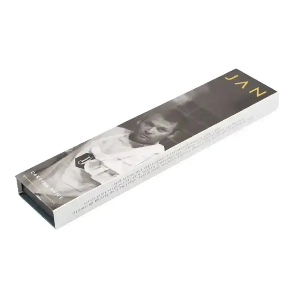 Product packaging with a black and white image of a person and the brand 'JAN' on a white background