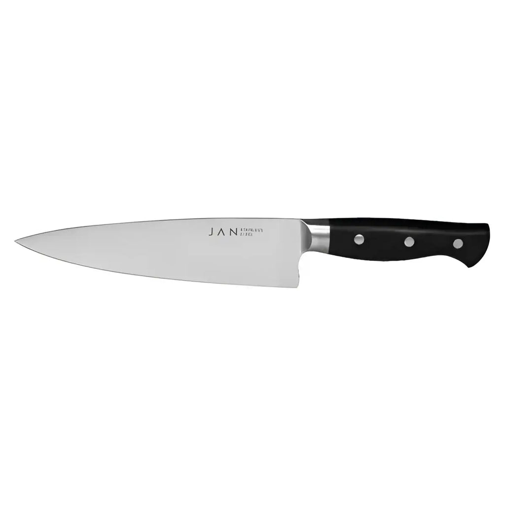 Chef's knife with black handle and 'JAN' branding on a white background