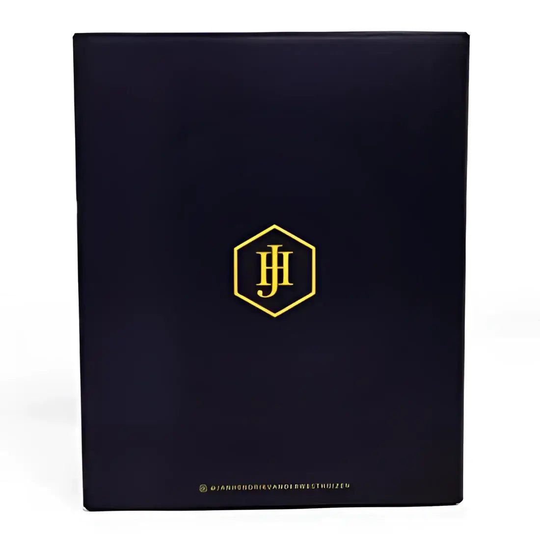 Black book with gold logo on a white background