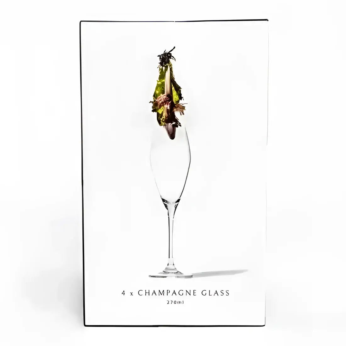 Set of four champagne glasses with a decorative flower on a white background