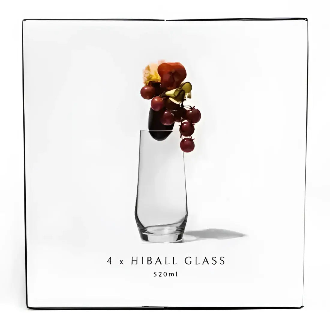 Set of four hiball glasses with fruit on a white background