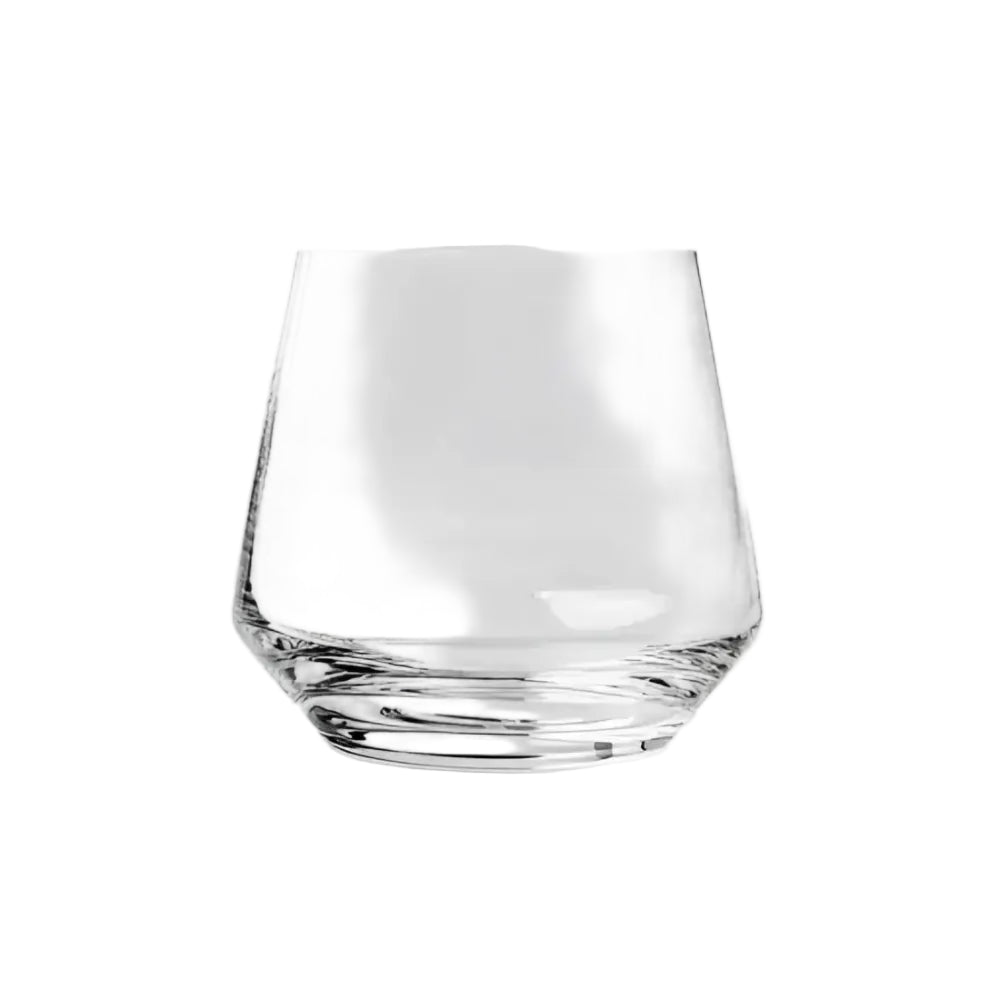 Clear glass tumbler on a light gray background
