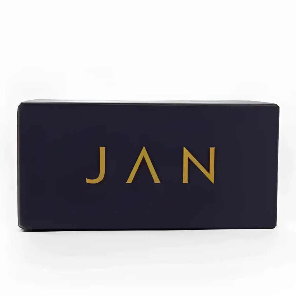 Black rectangular box with 'JAN' in gold letters on a white background
