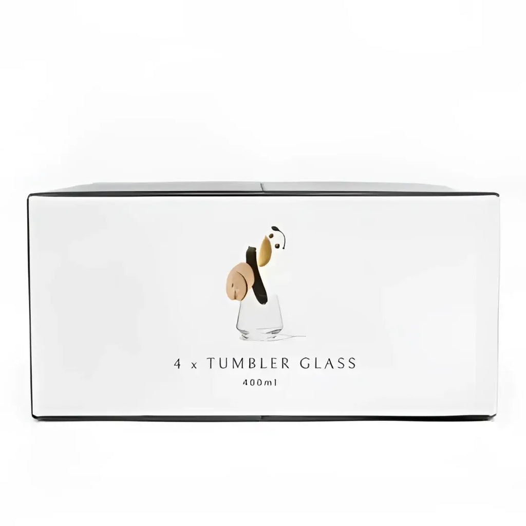 Box of 4 tumbler glasses with a penguin design on a white background