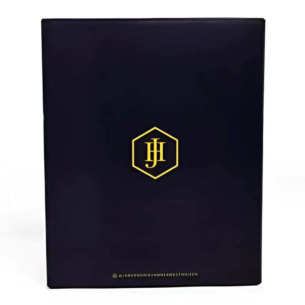Black folder with gold logo on a white background