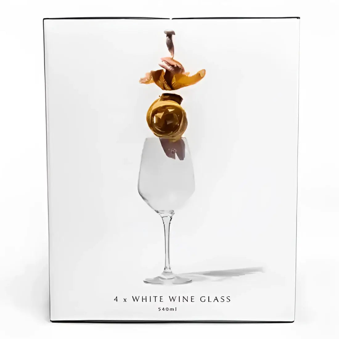 Packaging of four white wine glasses with a decorative item on top.