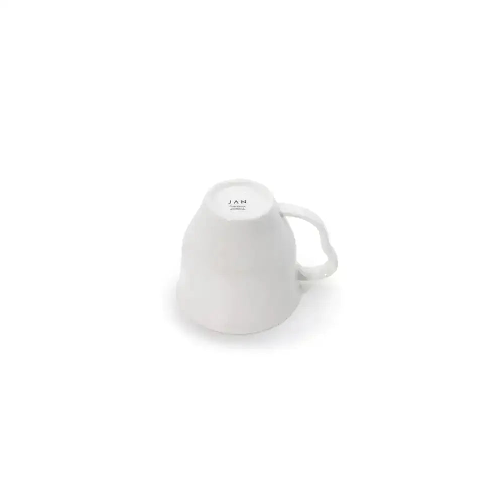 White ceramic mug with 'JAN' printed on a white background
