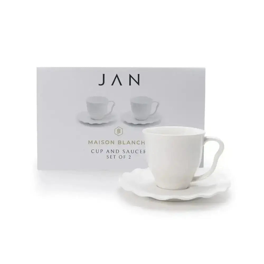 White cup and saucer set with 'JAN' packaging on a white background